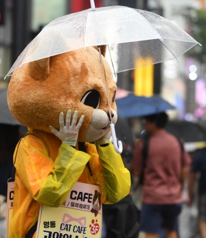 '우산은 거들 뿐'... 비오는 거리 홍보하는 인형탈 알바생