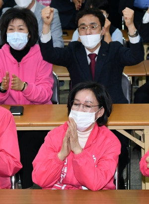 미래통합당 대구시당에서 출구조사 결과 지켜보는 대구경북 후보자들