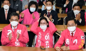 미래통합당 대구시당에서 출구조사 결과 지켜보는 대구경북 후보자들