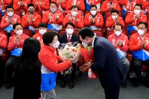 윤석열 당선인, 국민의힘 개표상황실 방문